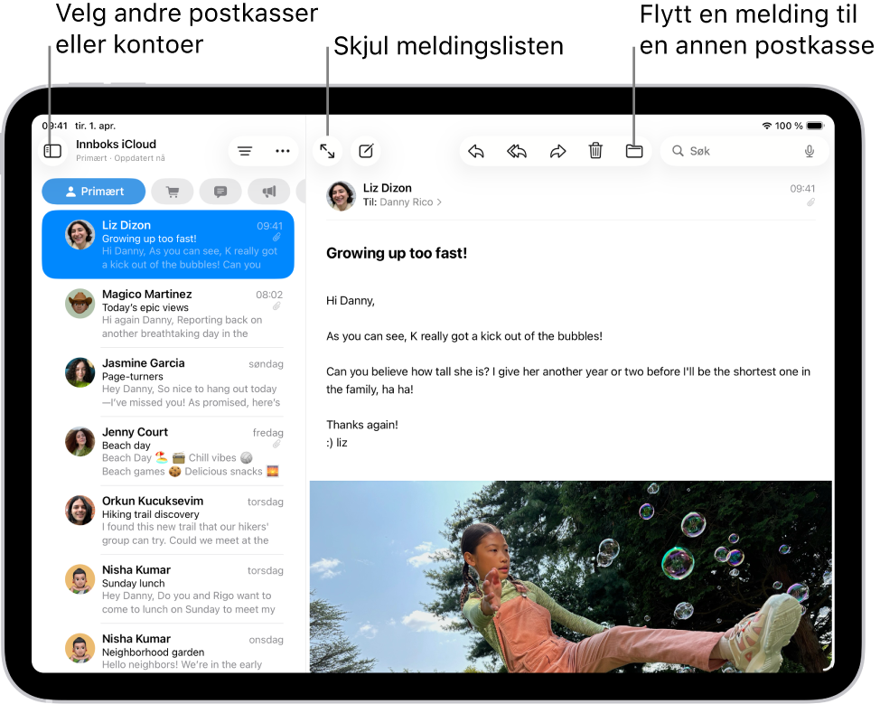 Innboksen i Mail, med listen over e-poster til venstre og en åpen e-post til høyre.