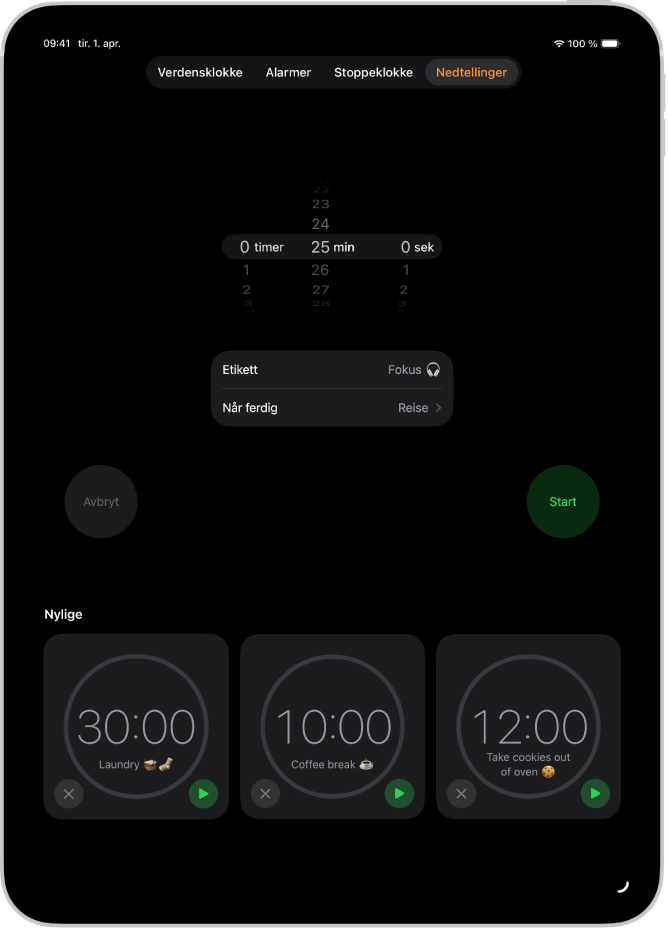 Nedtellinger-fanen viser innstillinger for å starte en nedtelling. En nylig opprettet nedtelling vises under innstillingene for nedtelling. Knappene for Verdensklokke, Alarm, Stoppeklokke og Nedtellinger vises nederst.