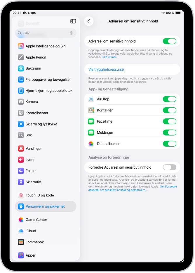 Innstillingene for Advarsel om sensitivt innhold viser en knapp merket med Vis trygghetsressurser og en knapp merket med Forbedre Advarsel om sensitivt innhold for å dele analyse- og bruksdata med Apple.