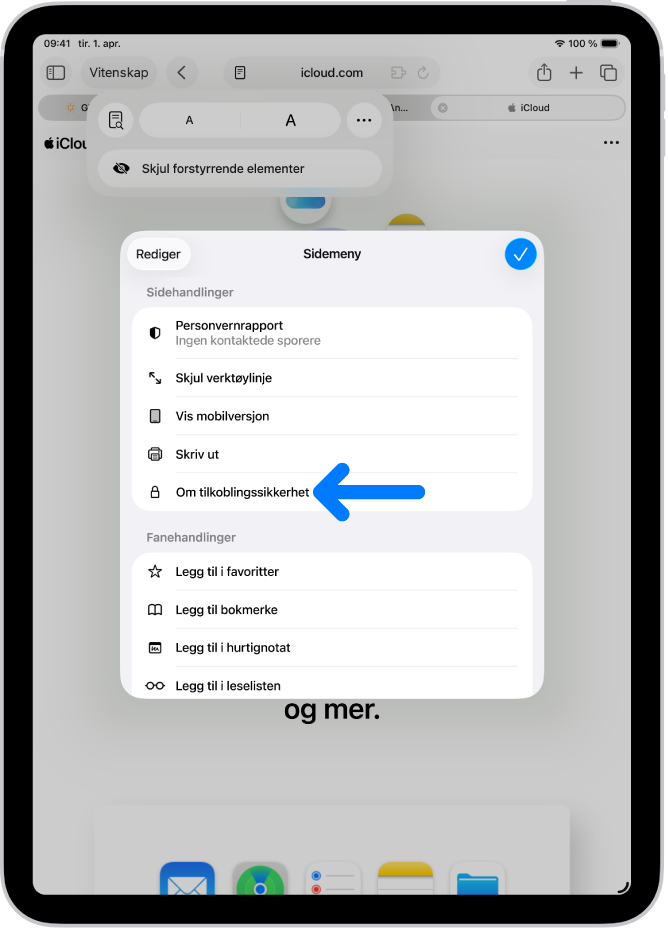 Sidemenyen er åpen i Safari, og kontrollen Sikkerhetsinformasjon for tilkobling er halvveis ned på siden.