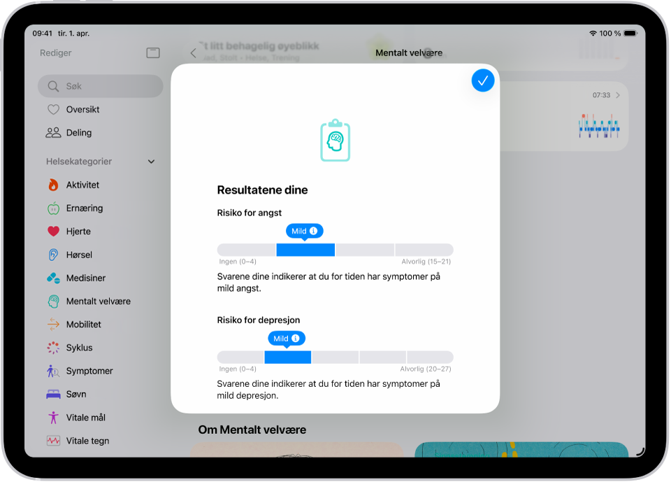 En skjerm i Helse-appen som viser resultater fra et spørreskjema om mental helse.