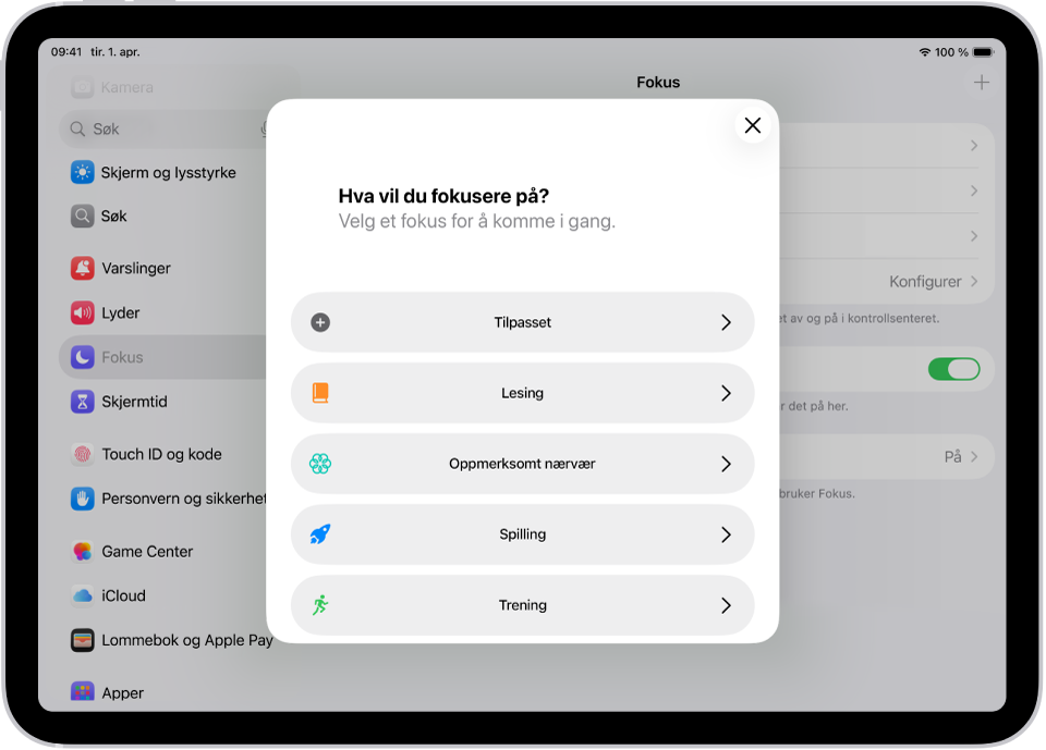 En konfigureringsskjerm for Fokus for ytterligere Fokus-valg, inkludert Tilpasset, Trening, Spilling, Oppmerksomt nærvær og Lesing.