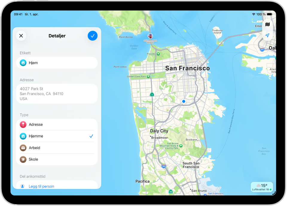 Detaljer-skjermen i Kart-appen med valg for å angi en adresse som hjem, arbeid eller skole.