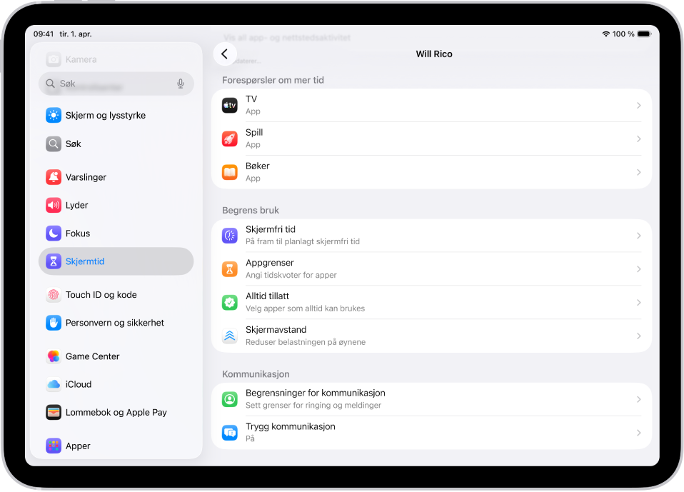 Skjermen for et barn i en Familiedeling-gruppe som viser en del for Be om mer tid-forespørsler.