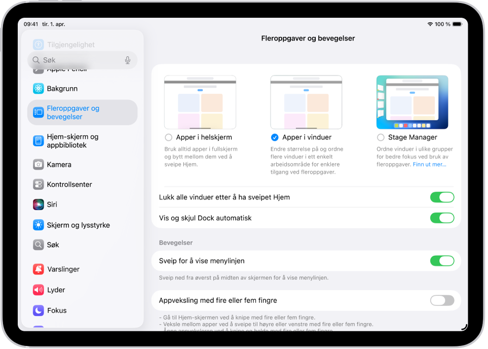 Et iPad-vindu viser innstillinger for Fleroppgaver og bevegelser.