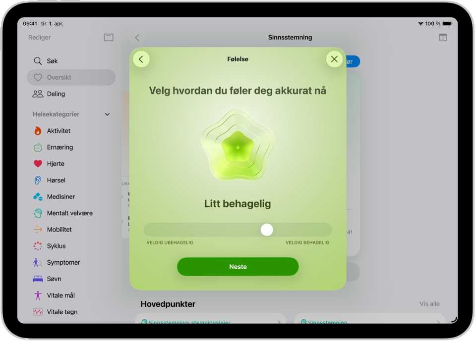 En skjerm i Helse-appen, der gjeldende stemningsleie er Litt behagelig. Nederst på skjermen vises en skyveknapp som kan brukes til å justere nivået for en følelse.