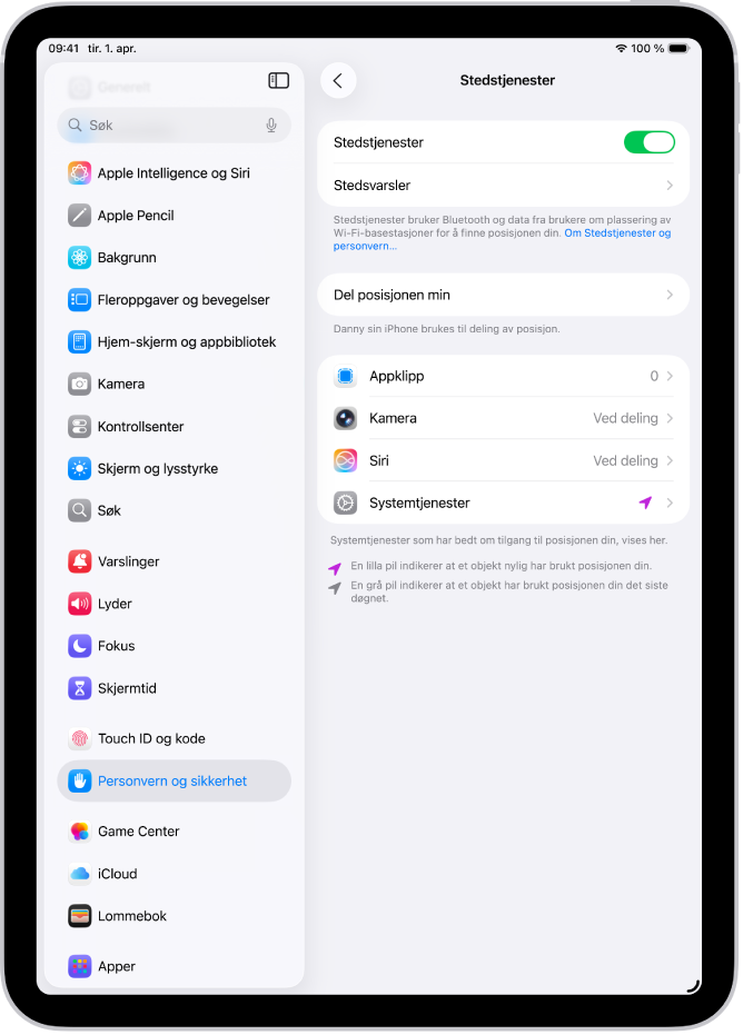 Stedstjenester-skjermen viser innstillinger for å dele iPadens posisjon med apper.