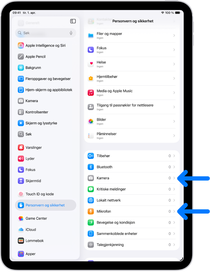 Personvern og sikkerhet-skjermen viser innstillinger for appers bruk av kameraet, mikrofonen og andre deler av iPaden.