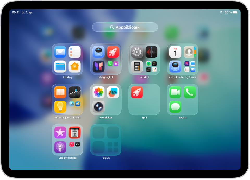 Appbibliotek på iPad viser appene organisert etter kategori (Underholdning, Produktivitet og finans og så videre).