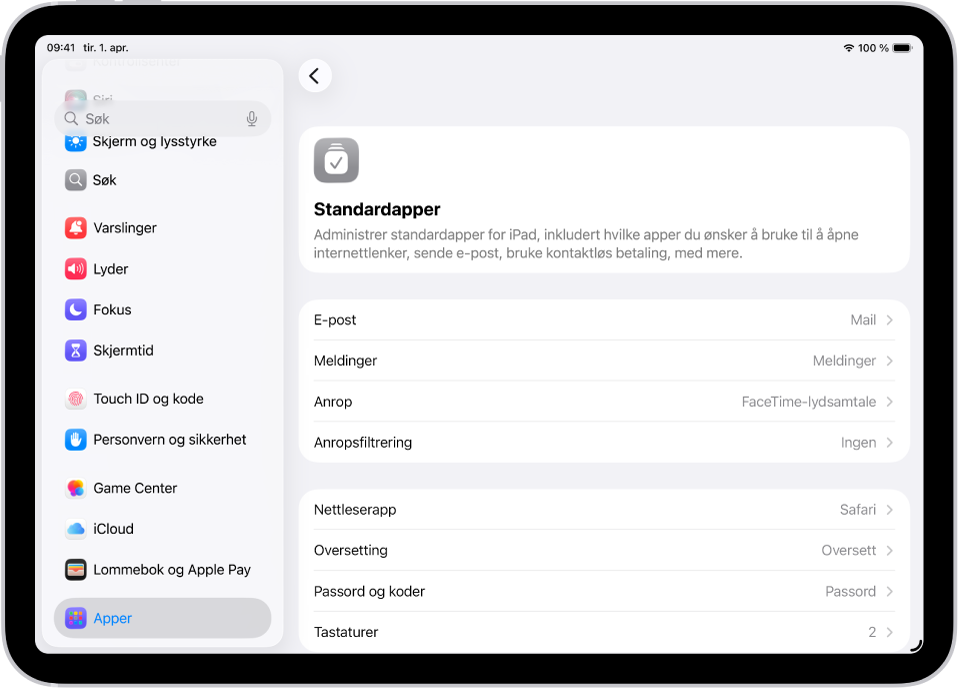 Skjermen for å endre standardapper for e-post, nettsurfing og annet.