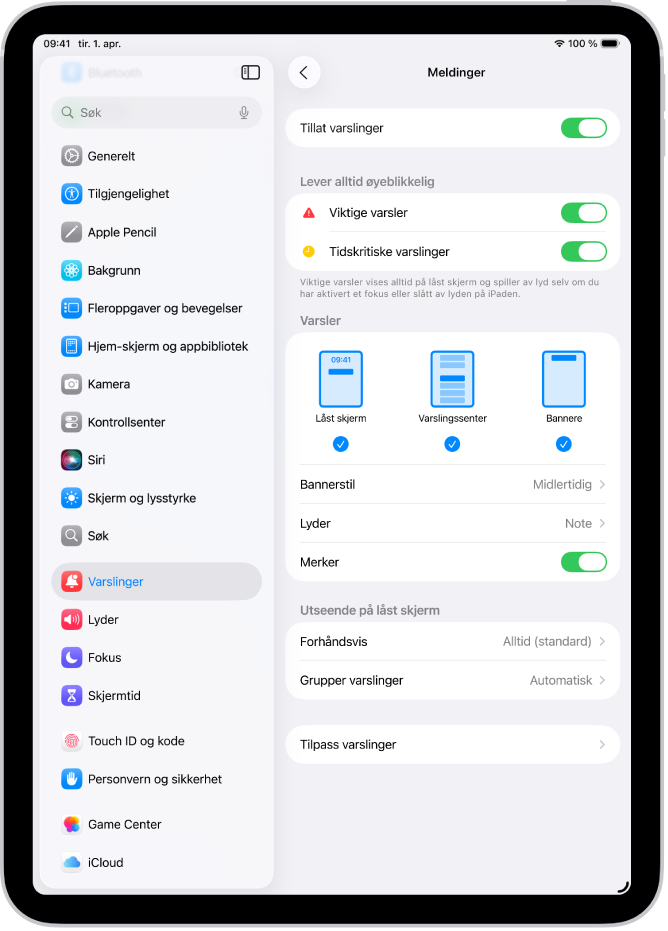 Varslingsinnstillinger for Meldinger vises i Innstillinger.
