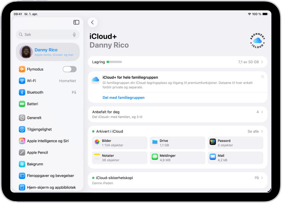 Skjermen for iCloud-innstillinger viser lagringsmåleren og en liste med og funksjoner, blant annet Bilder, iCloud Drive og iCloud-sikkerhetskopi, som kan brukes sammen med iCloud.