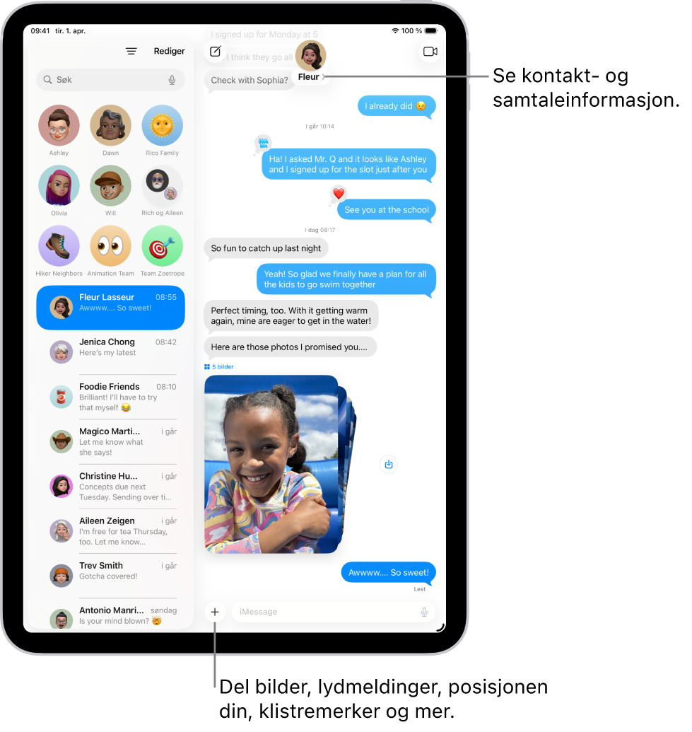 En Meldinger-samtaleliste vises til venstre og en samtaleavskrift vises til høyre. Ved å trykke på kontaktsymbolet øverst åpnes samtaleinformasjon.