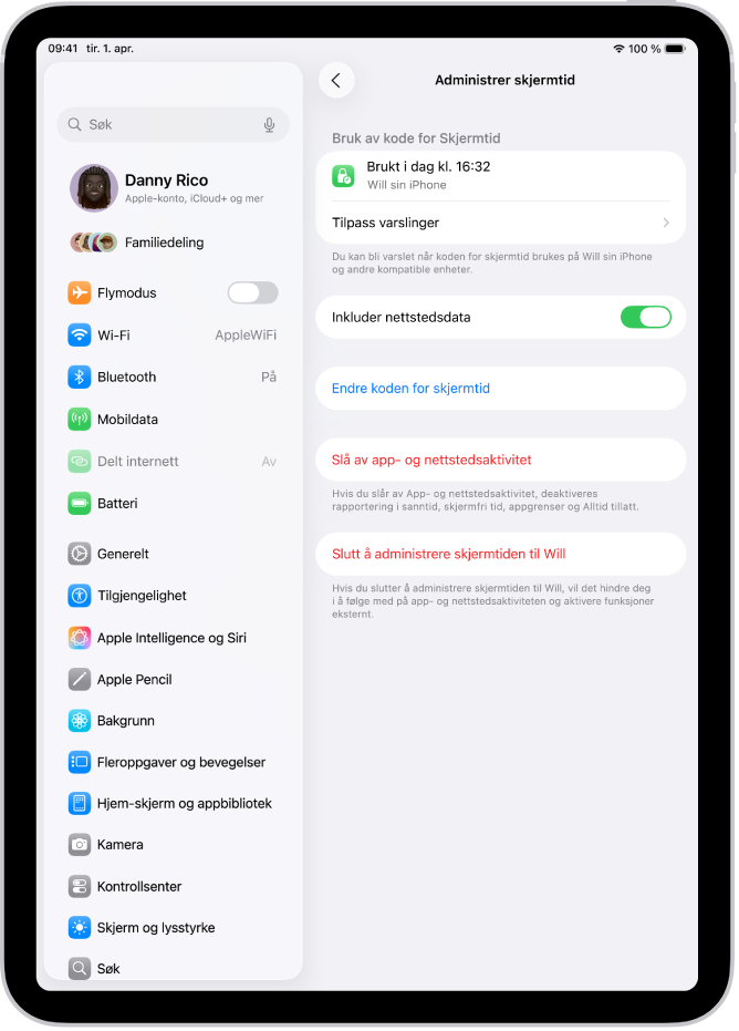Administrer skjermtid-skjermen for et barn i en familie viser siste gang koden ble brukt, og på hvilken enhet den ble brukt.