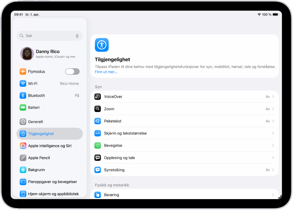 En Innstillinger-skjerm som viser tilgjengelighetsvalg som VoiceOver, Synstolking og Bryterkontroll.