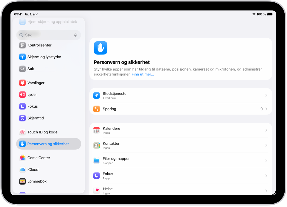 En Innstillinger-skjerm som viser Personvern og sikkerhet-valg som Stedstjenester og Sporing.