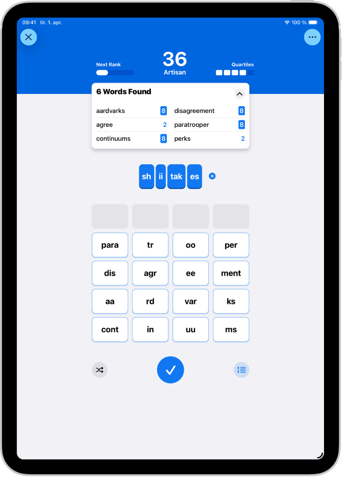 En Quartiles-oppgave i News-appen.