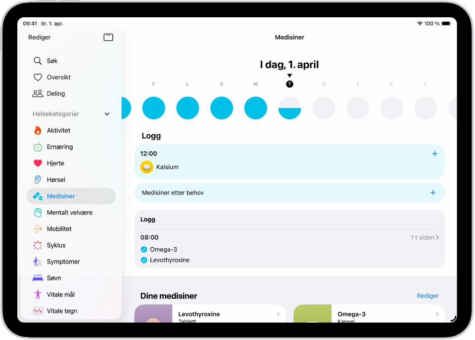 Medisiner-skjermen i Helse, som viser dato og en logg for medisinene dine.