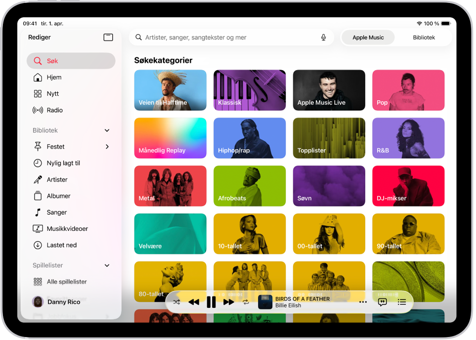Søk-fanen som viser sidepanelet til venstre og et søkefelt øverst. Ulike musikkategorier vises under søkefeltet. Minispilleren er nederst.