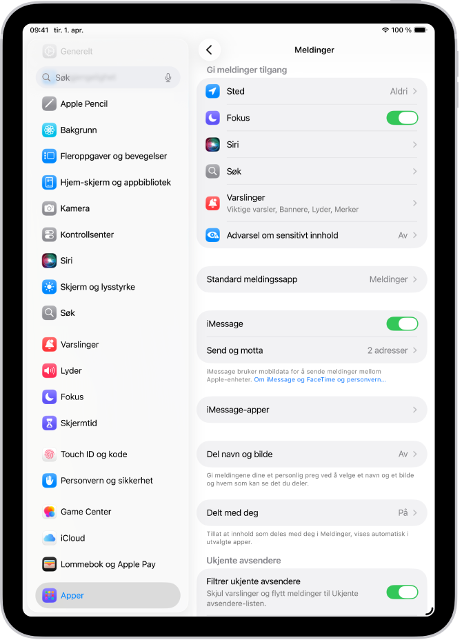Meldinger-innstillingene viser at iMessage er slått på.