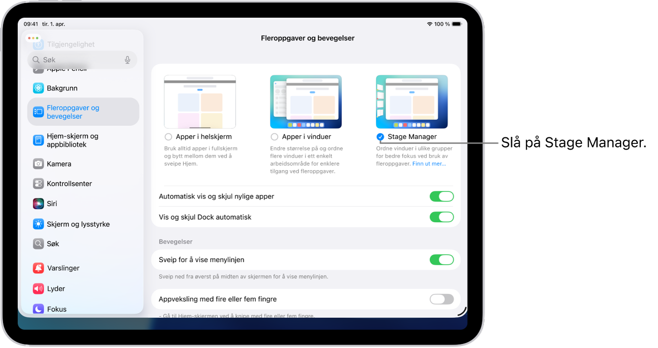 Innstillinger-appen på iPad viser Fleroppgaver og bevegelser-alternativene du kan velge for å jobbe i flere apper.