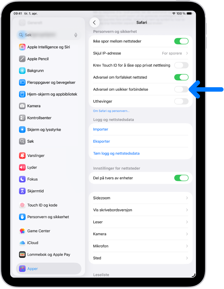 Advarsel om usikker forbindelse-kontrollen, under Personvern og sikkerhet på Safari-skjermen i Innstillinger.