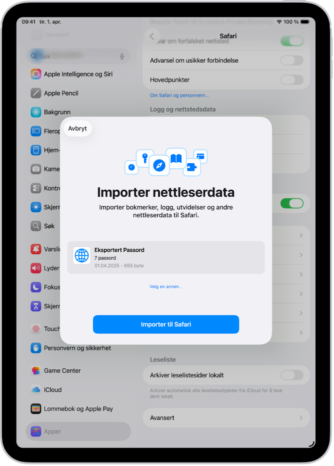 Importer nettleserdata-skjermen viser en CSV-fil med passord fra en annen passordhåndterer, som skal importeres.