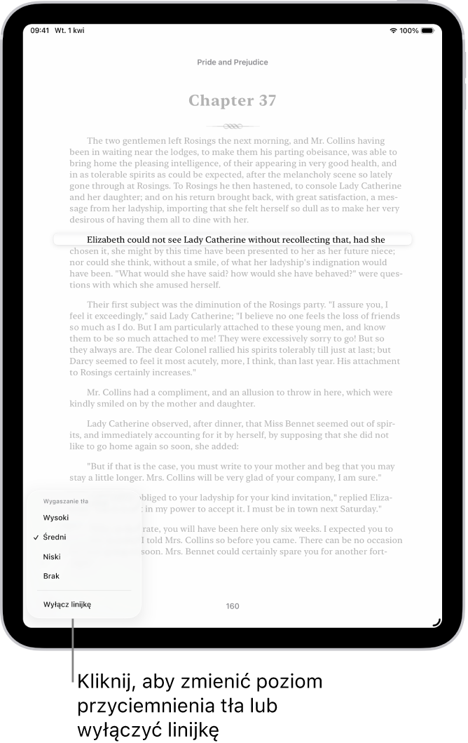 Strona książki w aplikacji Książki. Pojedynczy wiersz tekstu jest wyróżniony, a reszta strony jest wygaszona. W lewym dolnym rogu ekranu znajduje się przycisk Menu linijki.