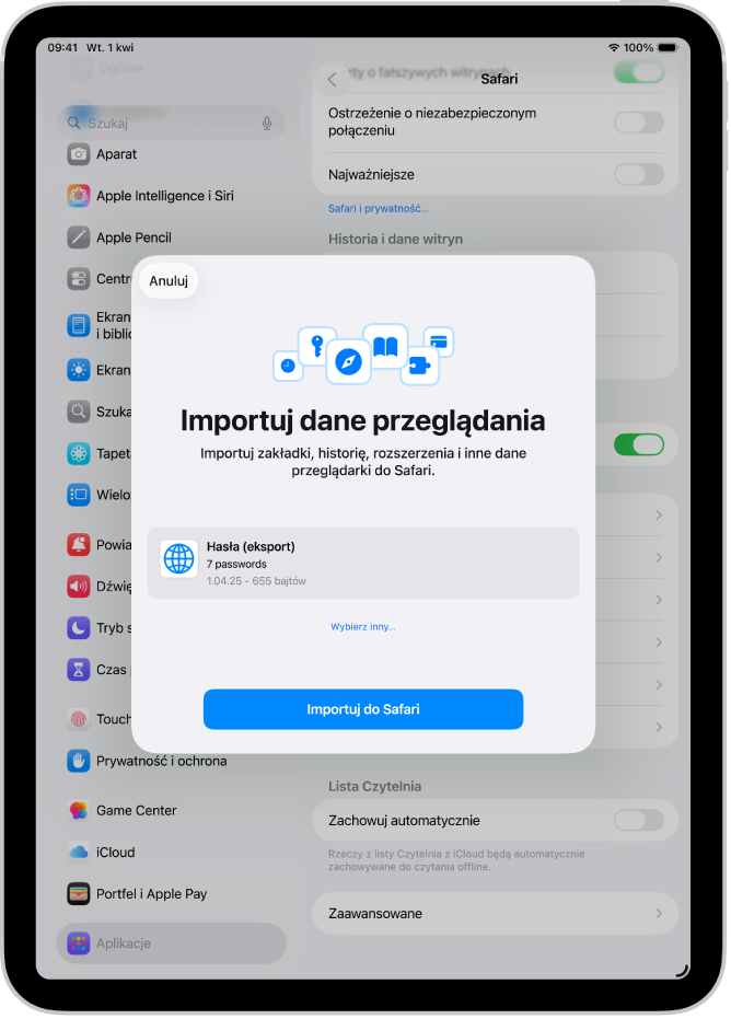 Ekran Importuj dane przeglądania. Widoczny jest gotowy do zaimportowania plik CSV zawierający hasła z innego menedżera haseł.
