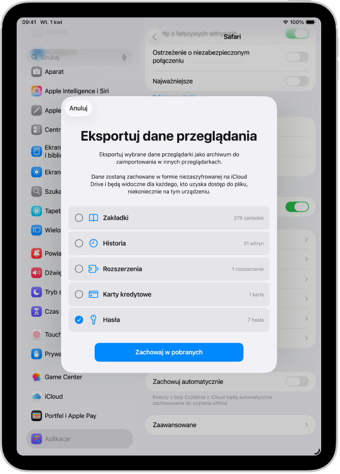 Ekran Eksportuj dane przeglądania. Zaznaczona jest opcja Hasła, aby wyeksportować hasła do innego menedżera haseł.