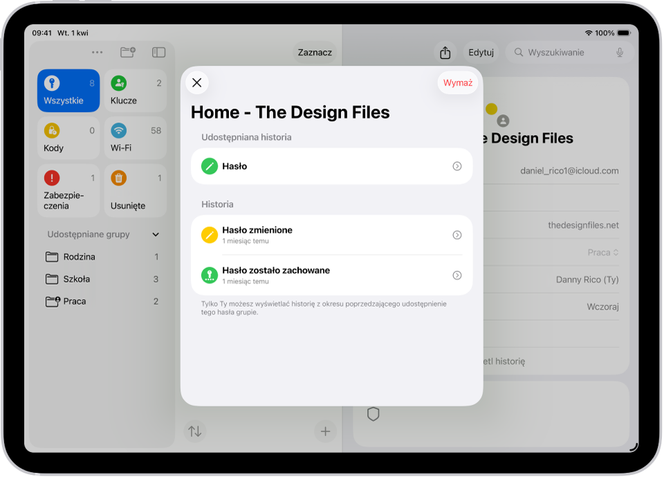 Historia zmian hasła dla określonego konta. Hasło zostało zachowane miesiąc temu i zostało również zmodyfikowane miesiąc temu.