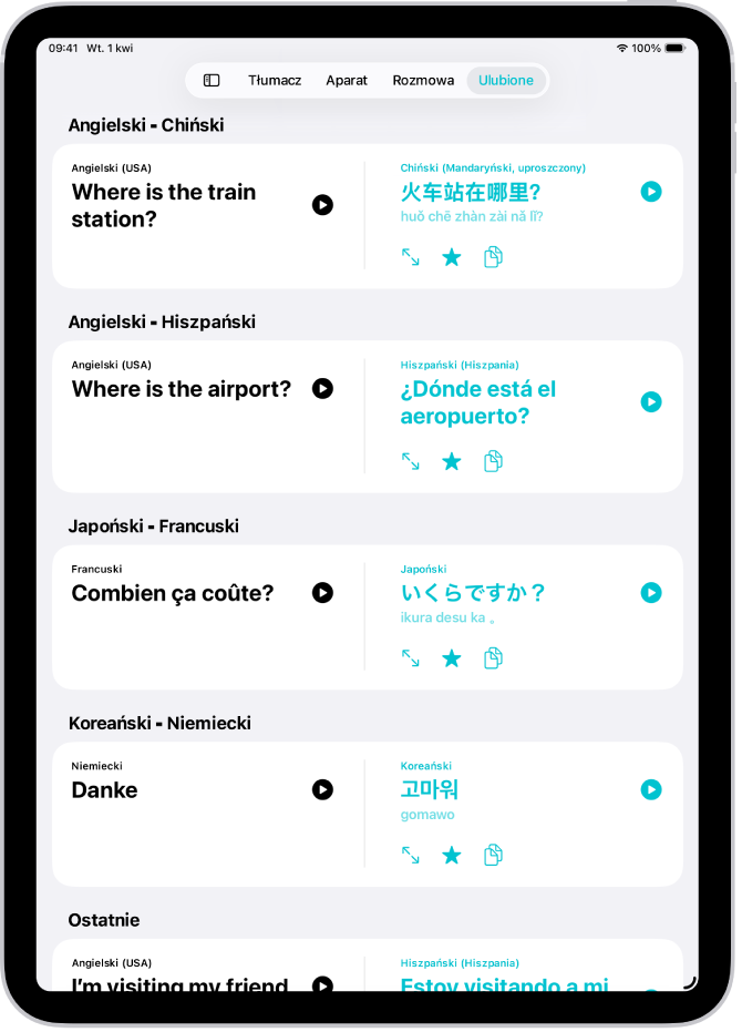 Karta Ulubione zawierająca zachowane frazy przetłumaczone na różne języki.