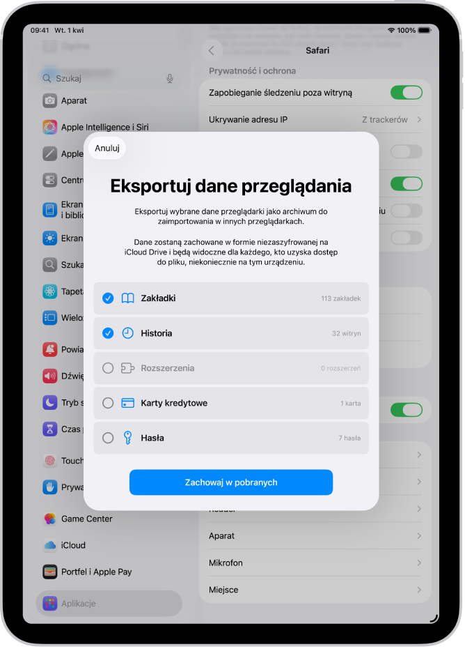 Ekran Eksportuj dane przeglądania. Widoczne są dane, które możesz wyeksportować z Safari do innej przeglądarki.