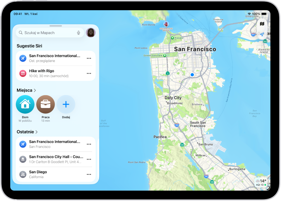 Aplikacja Mapy wyświetlająca mapę określonego obszaru. W lewym górnym rogu widoczne jest pole wyszukiwania. Pod nim znajdują się sugestie Siri, przypięte miejsca w bibliotece oraz ostatnie wyszukiwania.