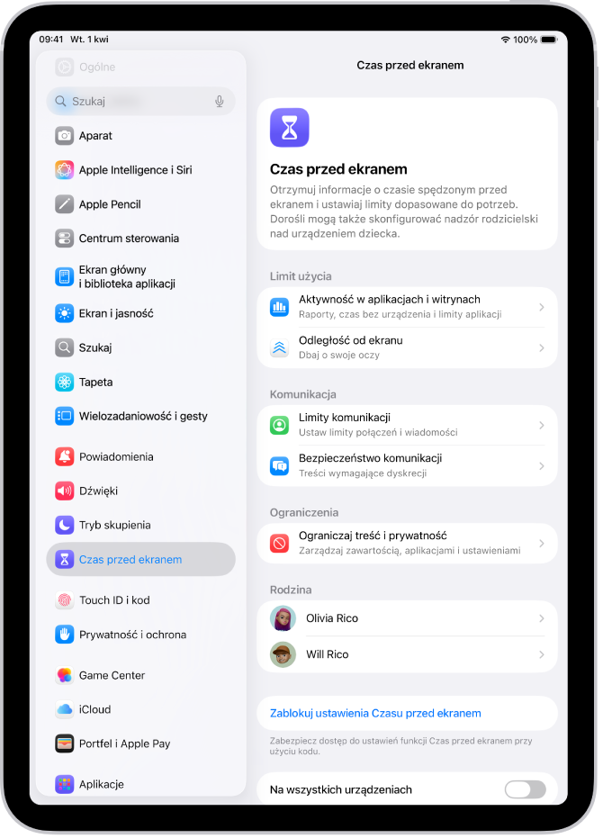 Ekran konfigurowania funkcji Czas przed ekranem, wyświetlający wskazówkę, aby rozpocząć, stukając w Aktywność w aplikacjach i witrynach.