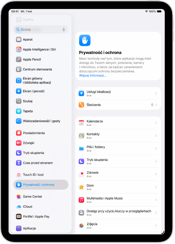 Ekran ustawień usług lokalizacji w obrębie ustawień prywatności i ochrony, zawierający opcje udostępniania położenia iPada, w tym specyficzne dla poszczególnych aplikacji.
