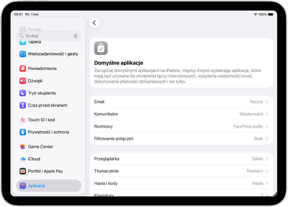Ekran zmiany domyślnych aplikacji do wysyłania wiadomości email, przeglądania Internetu oraz wykonywania innych czynności.