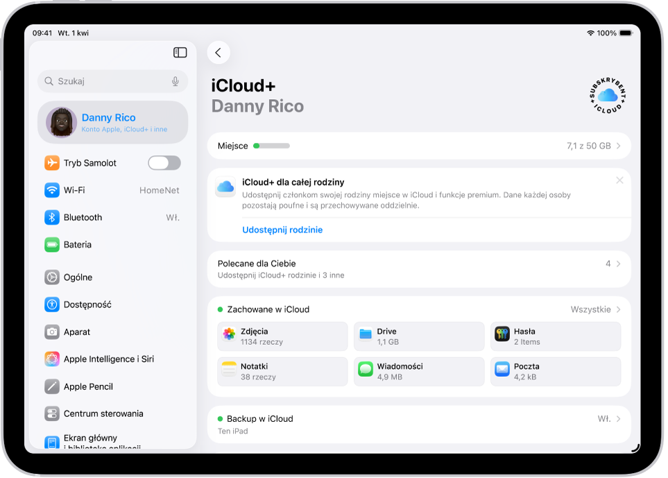 Ekran ustawień iCloud zawierający wskaźnik wykorzystania dostępnego miejsca w iCloud oraz listę funkcji, takich jak Zdjęcia, iCloud Drive i Backup w iCloud, których można używać z iCloud.