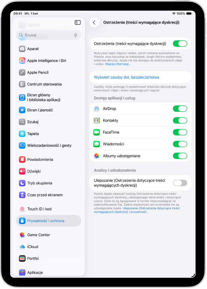 Ustawienia ostrzeżeń dotyczących treści wymagających dyskrecji. Widoczny jest przycisk z etykietą Wyświetl zasoby dot. bezpieczeństwa oraz przycisk Ulepszanie (Ostrzeżenia dotyczące treści wymagających dyskrecji), który umożliwia udostępnianie Apple danych analiz i dotyczących użycia.
