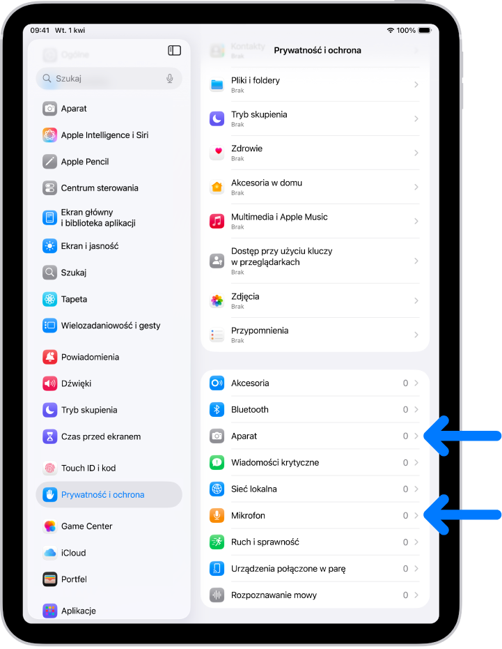 Ekran Prywatność i ochrona z ustawieniami dostępu aplikacji do aparatu, mikrofonu i innych części iPada.