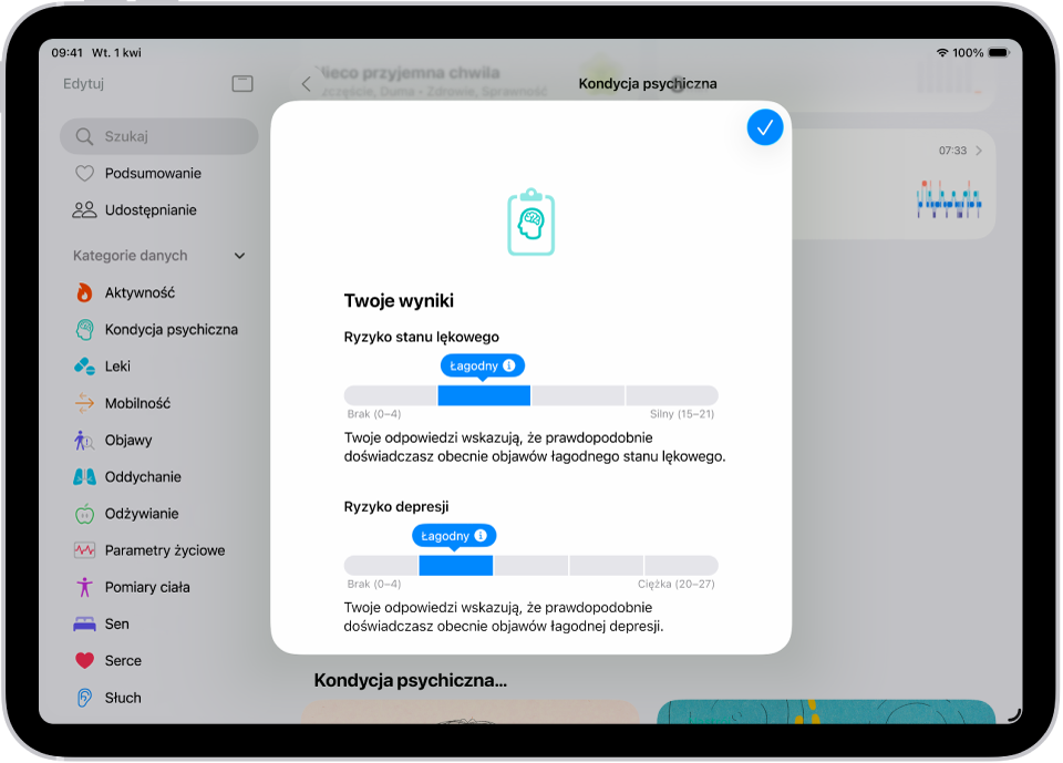 Ekran aplikacji Zdrowie z wynikami kwestionariusza oceny stanu zdrowia psychicznego.