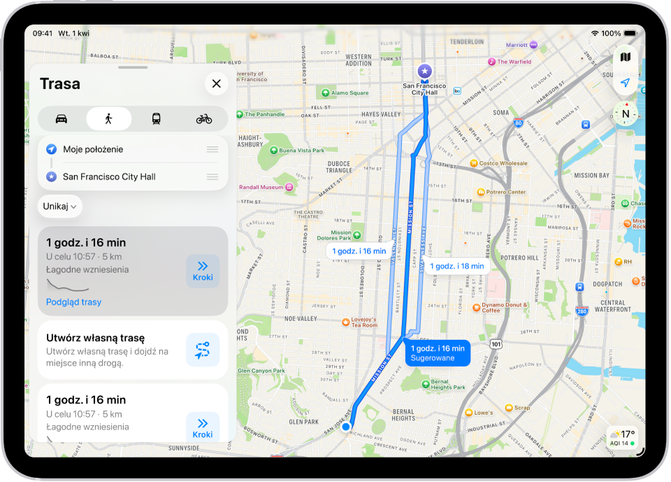 Mapa wyświetlająca dwie trasy przejścia pieszo. Obok każdej z nich widoczny jest przycisk Kroki.