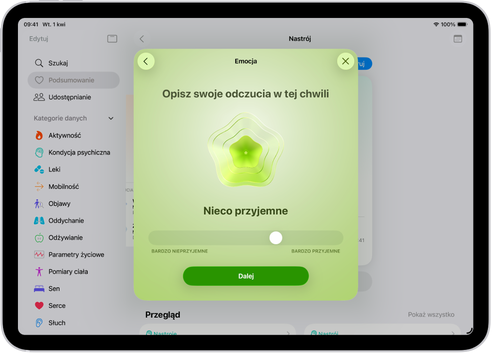 Ekran aplikacji Zdrowie z aktualnymi odczuciami ustawionymi jako nieco przyjemne. Na dole ekranu widoczny jest suwak do określania siły emocji.