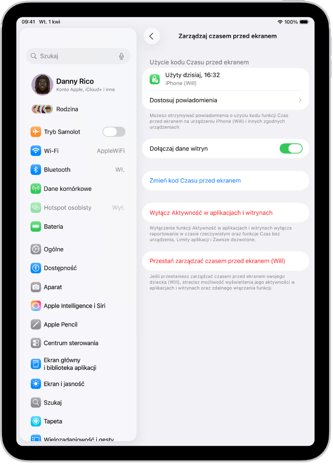 Ekran Zarządzaj czasem przed ekranem dla dziecka w grupie rodzinnej. Widoczna jest informacja, kiedy i na którym urządzeniu ostatnio użyty został kod Czasu przed ekranem.