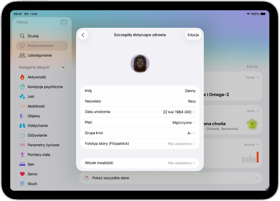 Ekran szczegółów dotyczących zdrowia. Widoczne są pola z imieniem i nazwiskiem, datą urodzenia, płcią, grupą krwi oraz innymi informacjami.