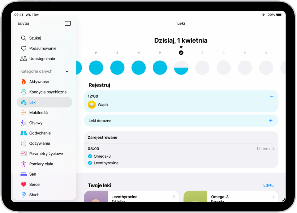 Ekran Leki w aplikacji Zdrowie, zawierający datę oraz dziennik przyjmowania leków.
