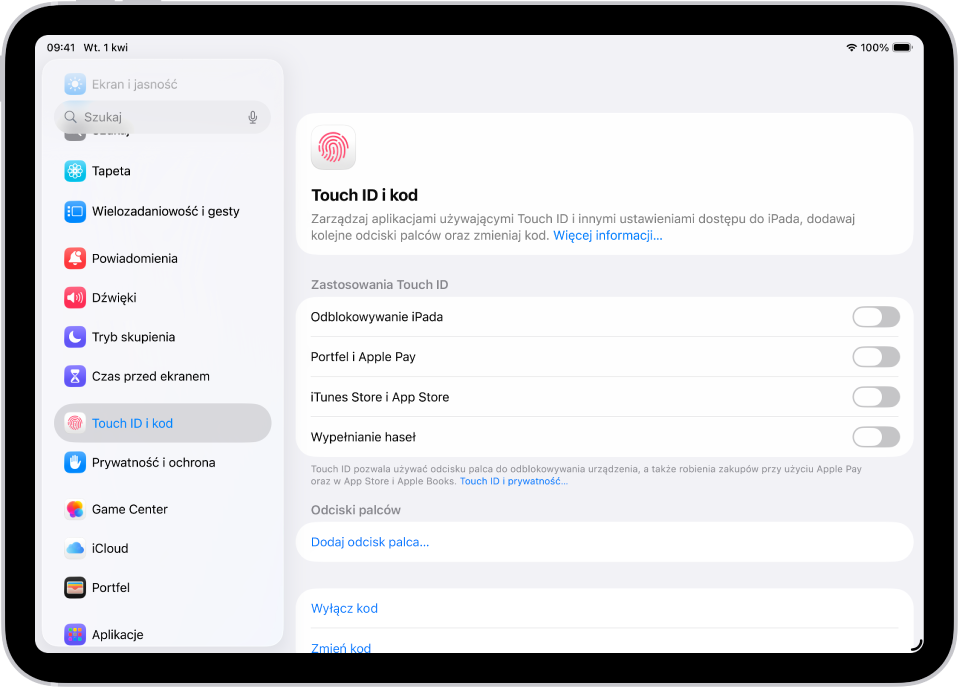 Ekran wyświetlający ustawienia Touch ID i kodu. Widoczne są opcje dodawania odcisku palca oraz włączania kodu.