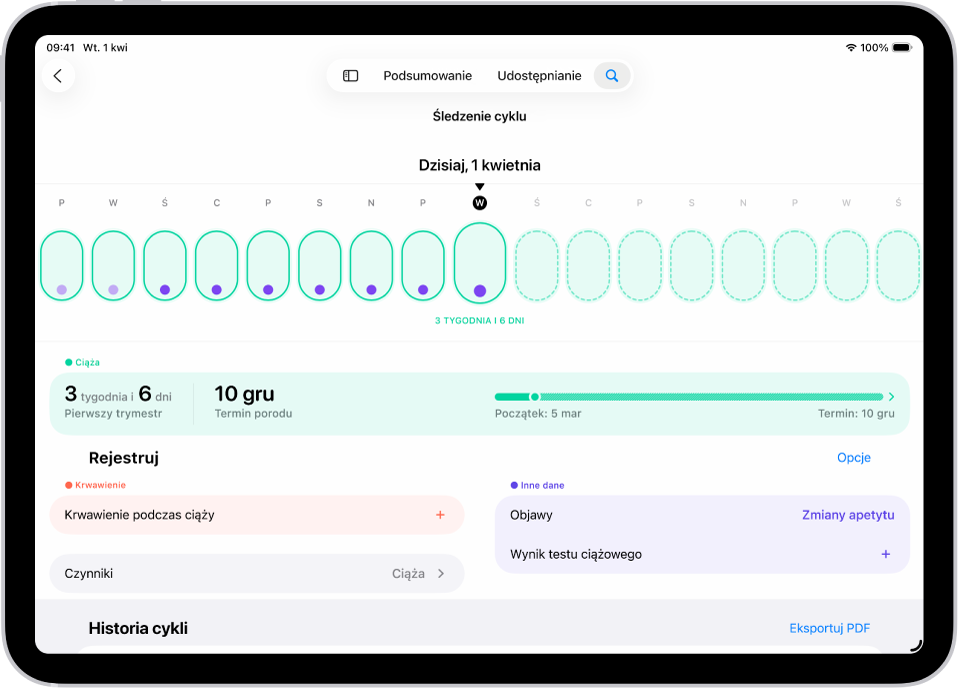 Ekran śledzenia cyklu. Na górze ekranu widoczna jest linia czasowa ciąży przedstawiająca tydzień. Pierwsze siedem dni na linii czasowej oznaczone jest jasnozielonymi owalami oraz purpurowymi kropkami. Pozostałe dni na linii czasowej są oznaczone zakreskowanymi jasnozielonymi owalami. Poniżej linii czasowej widoczne jest podsumowanie ciąży, zawierające wiek ciąży, jej początek oraz szacowany termin porodu. Poniżej podsumowania ciąży widoczne są opcje umożliwiające między innymi dodawanie informacji o krwawieniu podczas ciąży i objawach.