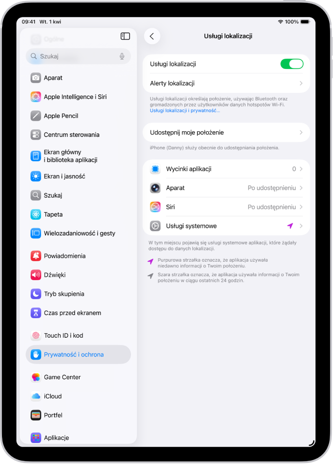 Ekran Usługi lokalizacji z ustawieniami dotyczącymi udostępniania położenia iPada poszczególnym aplikacjom.