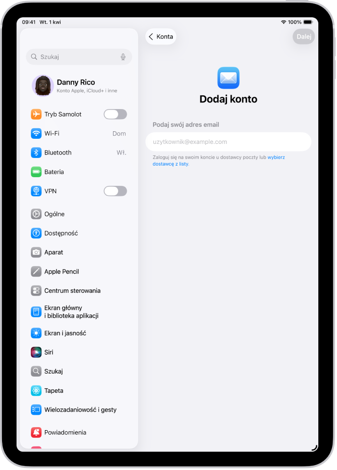 Ekran Dodaj konto z polem na wpisanie swojego adresu email.